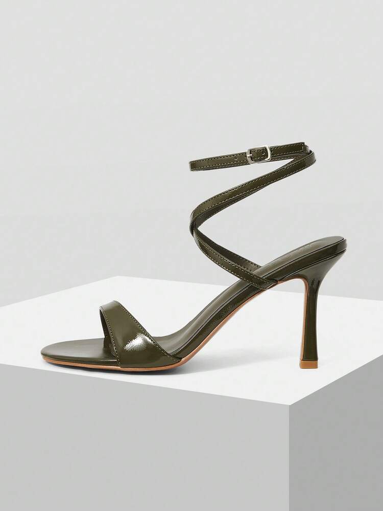 WOMEN GREEN MIRROR SURFACE CRISS-CROSS STRAP BUCKLE FASHIONABLE MINIMALIST COMFORTABLE 3.5" HIGH HEEL PEEP TOE SANDALS SPRING SHOES