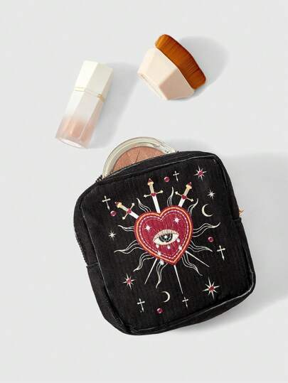 Goth 1 Pc Women's Corduroy Tear Drop, Heart, Eye And Sword Pattern Cosmetic Bag, Suitable For Storing Sanitary Napkins, Ideal For Travel And Vacation