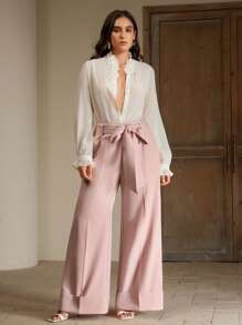 Anewsta Pantalones largos casuales y holgados con decoración de la cintura para mujer de talla grande - Rosa - Ver 7