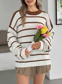 EURMUSE 栗色块状条纹针织毛衣 - 休闲奶油色套头衫，带撞色轭 - 棕色 - 查看 2