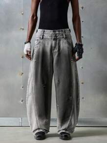 NEON BLANC Men's Loose Fit Long Black Embroidered Gradient Woven Jeans, Streetwear Style