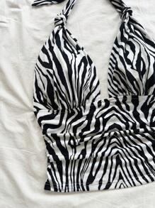 Soleia Damsemester Svart & Vit Zebramönstrad V-ringad Halterneck Knuten Rosett Smal Sexig Linne, Lämplig För Fest, Musikfestival, Hippie, Dejt, Strand - Multifärgad - Visa 3