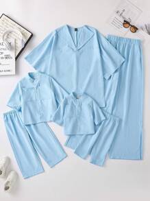 Women's New Casual Loose Lapel Blue Shirt Top And Pants 2 Pieces Set, Spring/Summer Daily Wear Mommy And Me Matching Outfits (3 Sets Sold Separately), Modest