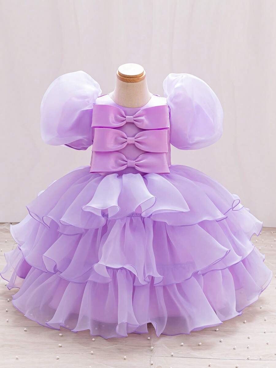 Glamorique Kids Cute Baby Purple Summer Multilayer Ruffle Cake Skirt Bubble Sleeve Princess Dress For Flower Girl,Soft Lilac Lavender Children Clothing With Belt - Mauve Purple - View 1