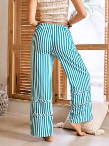 Lullawish Striped Ruffle Hem Women's Loose Fit Lounge Pants - Green - View 2