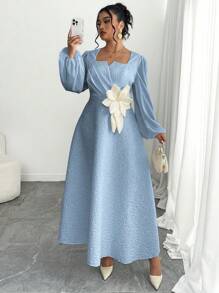 Modelyn Plus Size Women's Textured Fabric Summer Regular Shoulder Lantern Sleeve V-Neck Pleated Midi Dress Fall Cloth For Women - Blue - View 4