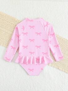 Sparklyn 女宝宝粉色蝴蝶结印花荷叶边长袖连体泳衣，具有 UPF 防护功能