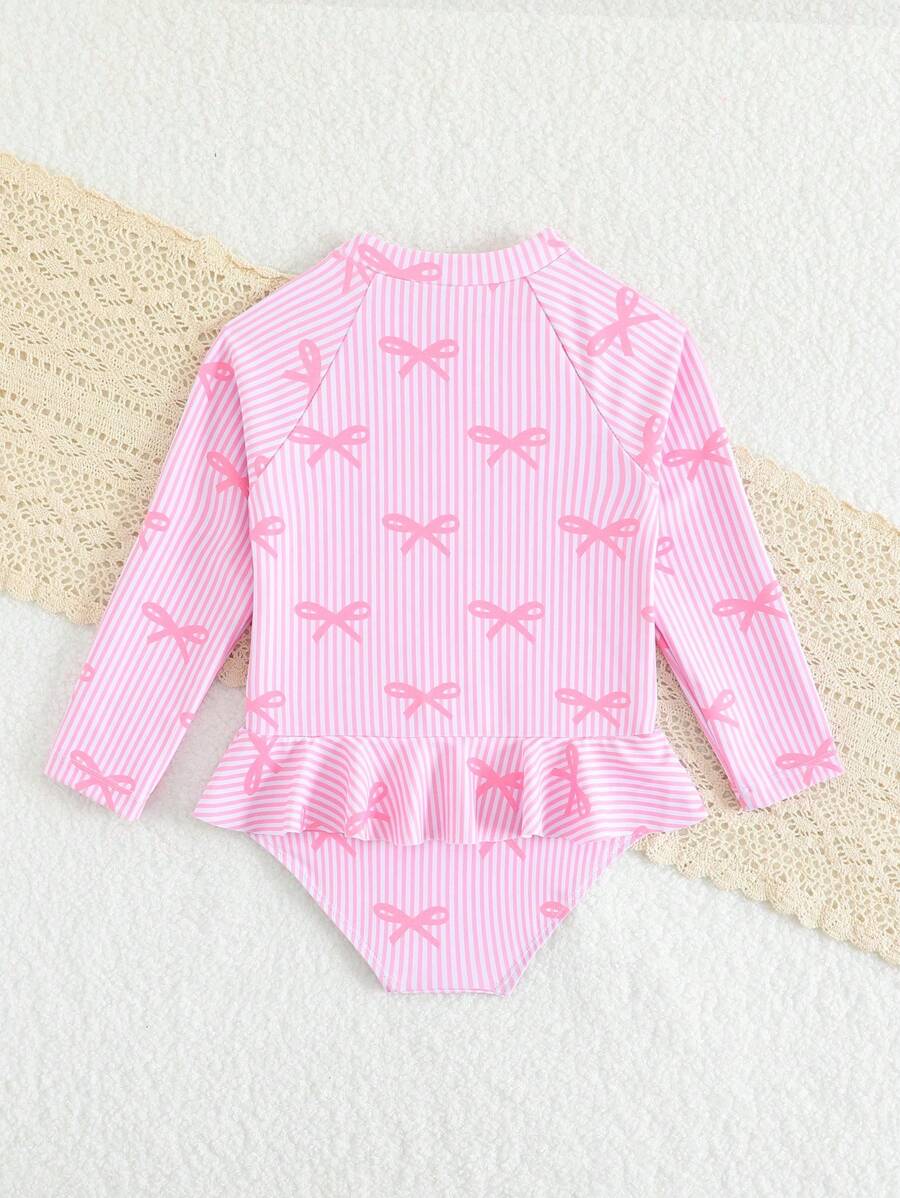 Sparklyn Baby Girls' Pink Bow Printed Ruffled Long Sleeve One-Piece Swimsuit With UPF Protection Baby Girl Beach Clothes Beach Clothes Baby Girl Beach Wear Girl Baby Clothes Beach Baby Girl Swim Wear - Multicolor - View 1