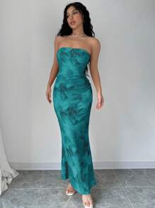 Elenzga 优雅花卉印花露背美人鱼露肩连衣裙，适合夏季长款女装