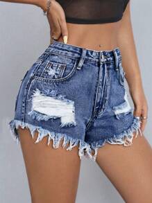 SHEIN PETITE Shorts de mezclilla informales de verano para uso diario con botones y dobladillo deshilachado para mujeres - Azul lavado medio - Ver 5