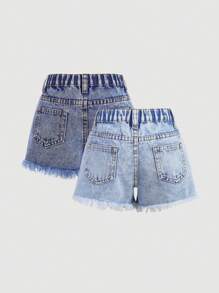 SHEIN 2件套年轻女孩海军蓝和浅蓝色牛仔宽松破洞短裤，春夏休闲度假