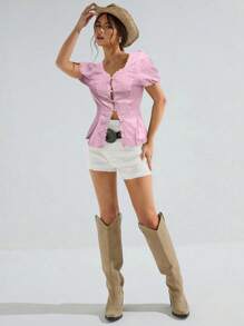 Athîral 女士纯色短袖衬衫，夏季时尚 - 粉色 - 查看 3