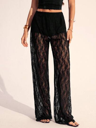 SHEIN Tall Women's Elastic Waist Floral Lace Straight Loose Fashion Pants