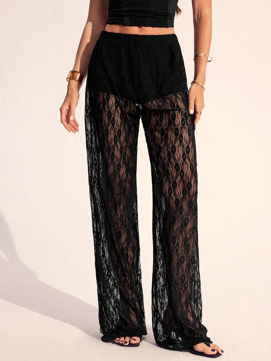 SHEIN Tall Women's Elastic Waist Floral Lace Straight Loose Fashion Pants - Black - View 1