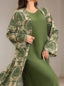 Veilorie Conservative Casual All-Over Print Abaya Dress And Solid Color Extra Long Dress Women's Arabic Set Modest Dresses For Women ,Women Green Dress