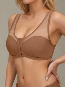 1 件装休闲风格前扣式无钢圈不可调节肩带女士文胸 - 卡其色 - 查看 3