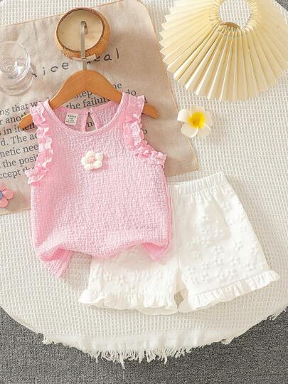 SHEIN Vintaside Kids Baby Girl Adorable Jacquard Top And Jacquard Shorts Set, Spring/Summer Baby Girl Summer Outfits