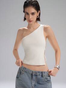 LYSMO 2025年夏季新款女式不对称露背单肩修身上衣，金属环细节和侧系带设计。完美契合辣妹风格、极简主义日常穿着和前卫休闲时尚，不对称上衣 - 白色 - 查看 4