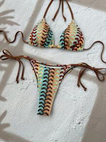 Swim Vcay Women's Open-Knit Brown Earthy Tone Yellow & Gold Beaded Swimsuit Top, Elegant Casual For Spring Summer Beach Party Holiday Festival - Multicolor - View 6