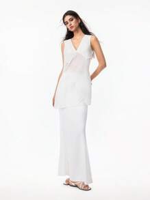 LYSMO 2025 春夏新款女士高端时尚白色缎面 A 字修身美人鱼长裙，适合浪漫约会、简约休闲风格、轻松度假和波西米亚风 - 白色 - 查看 5