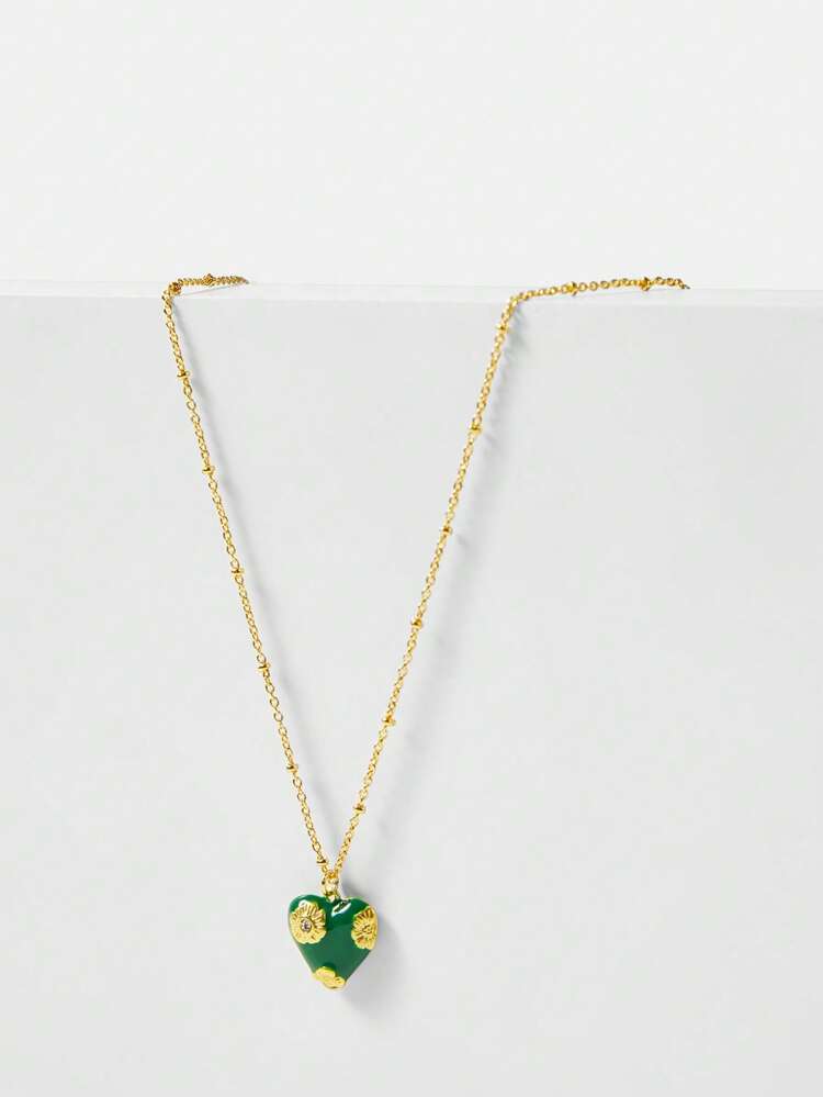 GOLD COLOR OIL DROP HEART & FLOWER DECORATION PENDANT NECKLACE