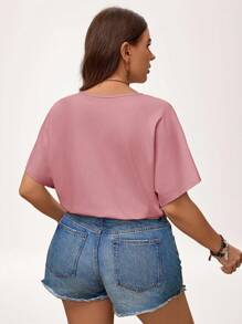 SHEIN LUNE Plus Size Women's Solid Color Round Neck Casual Loose Short Sleeve Bodysuit Wedding Guest Dress Women Mother Day Summer Simple & Fashionable - Dusty Pink - View 2