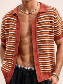 Manfinity VCAY Cardigan tricoté slim casual à rayures pour homme, pour l'automne et l'hiver - Multicolore - Voir 3