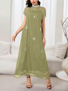 Al Najma 女士纯色仿珍珠装饰立领短袖优雅长裙 - 綠色 - 查看 4
