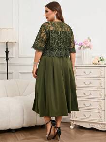 Reflora Curve Plus Size 女士浪漫优雅日常绿色圆领短袖刺绣拼接收腰 A 字长款浪漫礼服，女士夏季连衣裙 - 綠色 - 查看 7