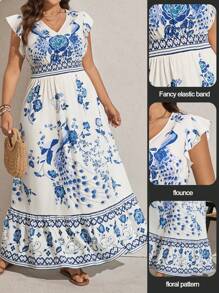 Comfylo Abito lungo stile cinese blu e bianco a fantasia, taglia larga, abiti bohémien estivi