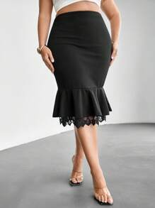 SHEIN Privé Plus Embroidery Mesh Trim Mermaid Skirt - Black - View 9