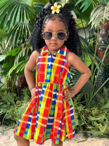 SHEIN Young Girl Casual Multicolor Plaid Sleeveless Collared Half-Button Front Dress