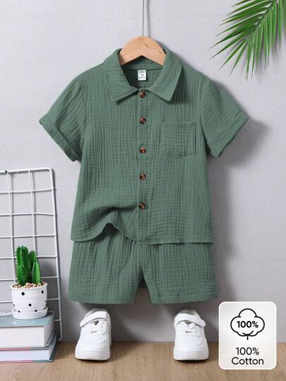 SHEIN 2-delat set för pojkar, avslappnad minimalistisk college-bomull, kortärmad skjorta och shorts, lämplig för vardagsbruk, skola, utflykter, semester, resor, avkoppling, solbad, vår/sommar