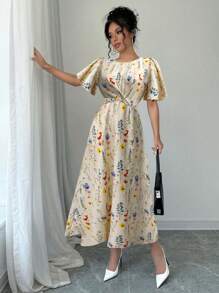 Chiquease 女式不对称印花扭结系带休闲连衣裙，扭结系带海滩度假连衣裙 - 杏色 - 查看 3