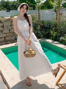 DAZY 2pcs Women Hollow Out Sling Skirt Set, Spring/Summer - White - View 6