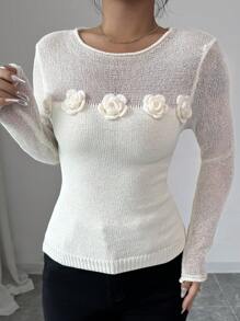 Elenzga Retro Handmade 3D Flower Tight Solid Color Sweater, High-End Versatile, Spring/Autumn Knit Pullover Fall Winter - Apricot - View 6