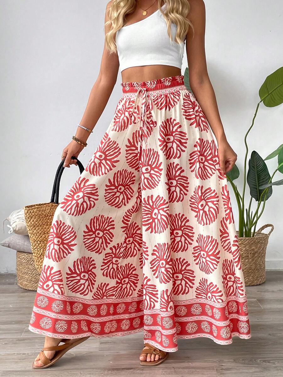 Chiquease Pantalones de pierna ancha con estampado floral y cintura de encaje para mujer, elegantes y casuales, ideales para la playa, vacaciones, festivales de música, escuela, viajes y uso diario