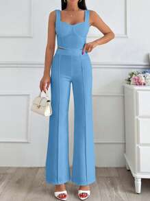 SHEIN Cottnline طقم قطعتين أنيق من البلوزة المضلعة والبنطلون الواسع الساقين للنساء - أزرق فاتح اللون - مشاهدة 4