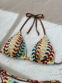 Swim Vcay Women's Open-Knit Brown Earthy Tone Yellow & Gold Beaded Swimsuit Top, Elegant Casual For Spring Summer Beach Party Holiday Festival - Multicolor - View 3