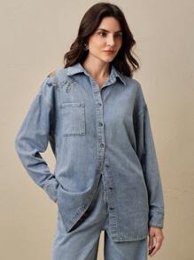 Anewsta Women's Embroidered Denim Shirt, Blue - Blue - View 7