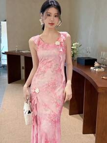 Celisse Women's Handmade 3D Flower Decor Bodycon Dress (Random Cut)