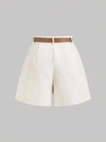 SHEIN MOD Quần short Bermuda xếp ly màu đào cổ điển thập niên 70 kèm thắt lưng da nâu - Phong cách Bohemian, phương Tây, Grunge Punk, Hoàn hảo cho kỳ nghỉ, ngày lễ và trang phục thường ngày, trang phục công sở cho phụ nữ, buổi hòa nhạc đồng quê - Màu be - Xem 2