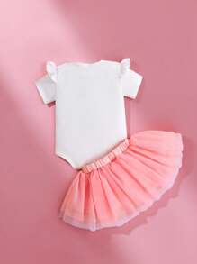 SHEIN Playful Pals 2pcs/Set Baby Girls Elegant Cute 1st Birthday Outfit,White And Gold Summer My First Birthday Print Bodysuit & Tulle Tutu Skirt For Newborn Party - Pink - View 3