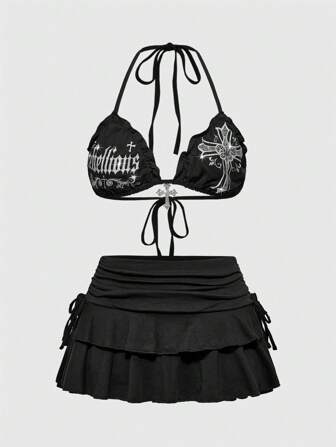 Goth Conjunto de bikini de 2 piezas con estampado de cruz gótico Y2K con cristales: Top de tirantes + Minifalda para mujer