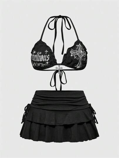 Goth Set di bikini Y2K gotico a 2 pezzi con stampa a croce e strass: top a bretelle + minigonna da donna