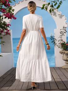 Vivid Eden Women's Summer Vacation Geometric Textured V-Neck Puff Sleeve Lace Trim Long Dress, Summer Dresses For Women,Beach Outfits For Woman,Summer Outfits For Women ,Sun Dresses For Women ,Summer Dresses For Vacation ,White Beach Dress,Elegant Dresses For Women,Boho Clothes Women