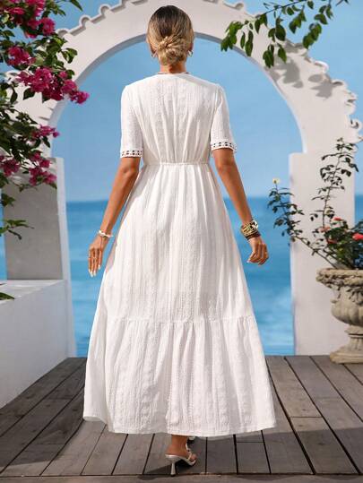 Vivid Eden Women's Summer Vacation Geometric Textured V-Neck Puff Sleeve Lace Trim Long Dress, Summer Dresses For Women,Beach Outfits For Woman,Summer Outfits For Women ,Sun Dresses For Women ,Summer Dresses For Vacation ,White Beach Dress,Elegant Dresses For Women,Boho Clothes Women