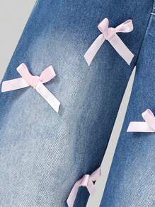 Nuevo conjunto de verano para niñas de 4 a 7 años, pantalones rosas con diseño de lazo hecho a mano y jeans azules anchos de pierna ancha, sueltos y cómodos, adecuados para uso diario al aire libre y de vacaciones
