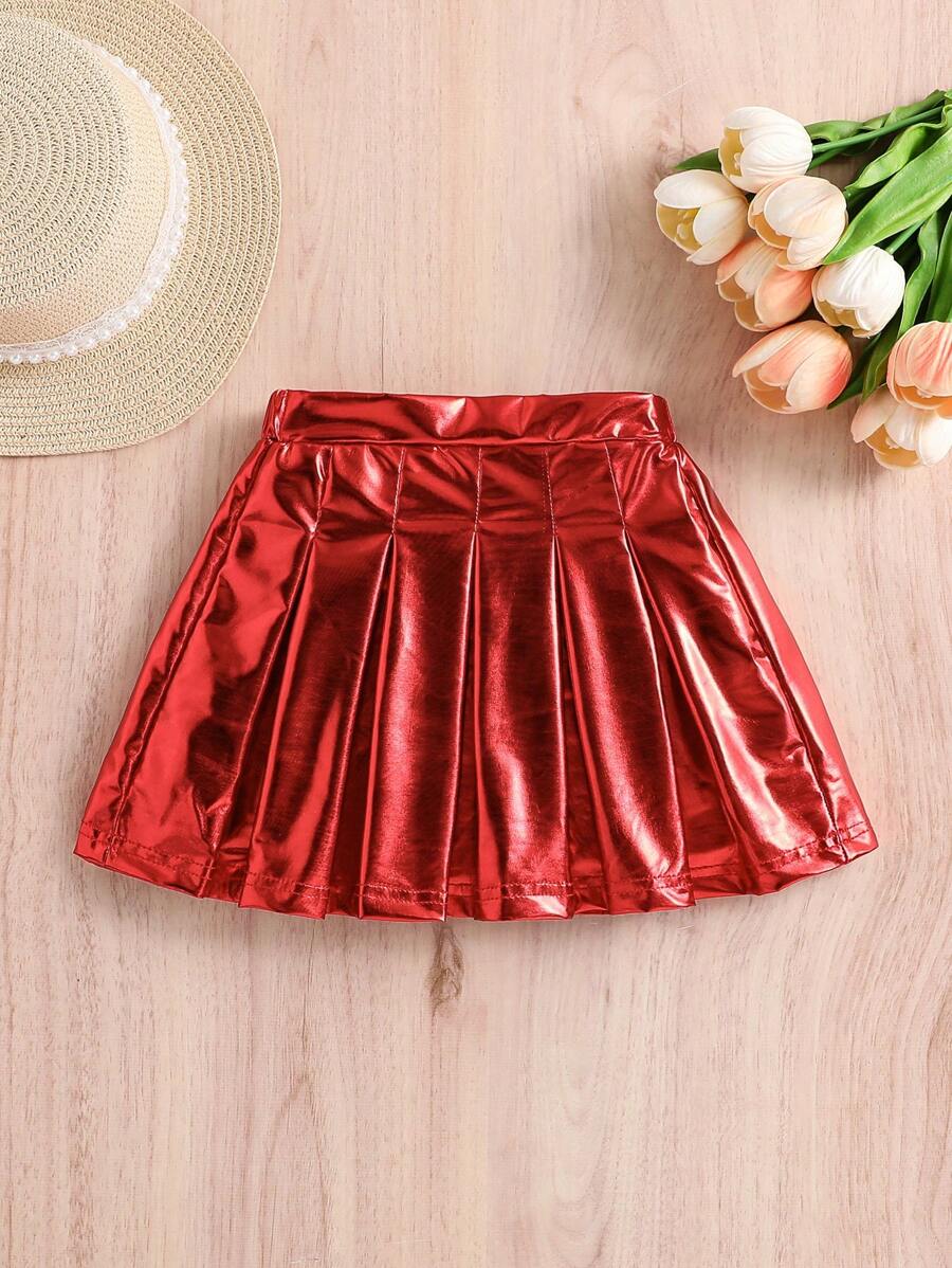 Elladie kids Young Girl Solid Color Metallic Pleated Mini Skirt Fall Winter - Red - View 1