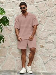 Manfinity RSRT 2pcs Men Plain Color Zipper Polo Shirt And Pocket Shorts Set